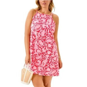 Lilly Pulitzer Kyleigh Square Neck Mini Sundress Dress Cane Coral Crab Pink XXS
